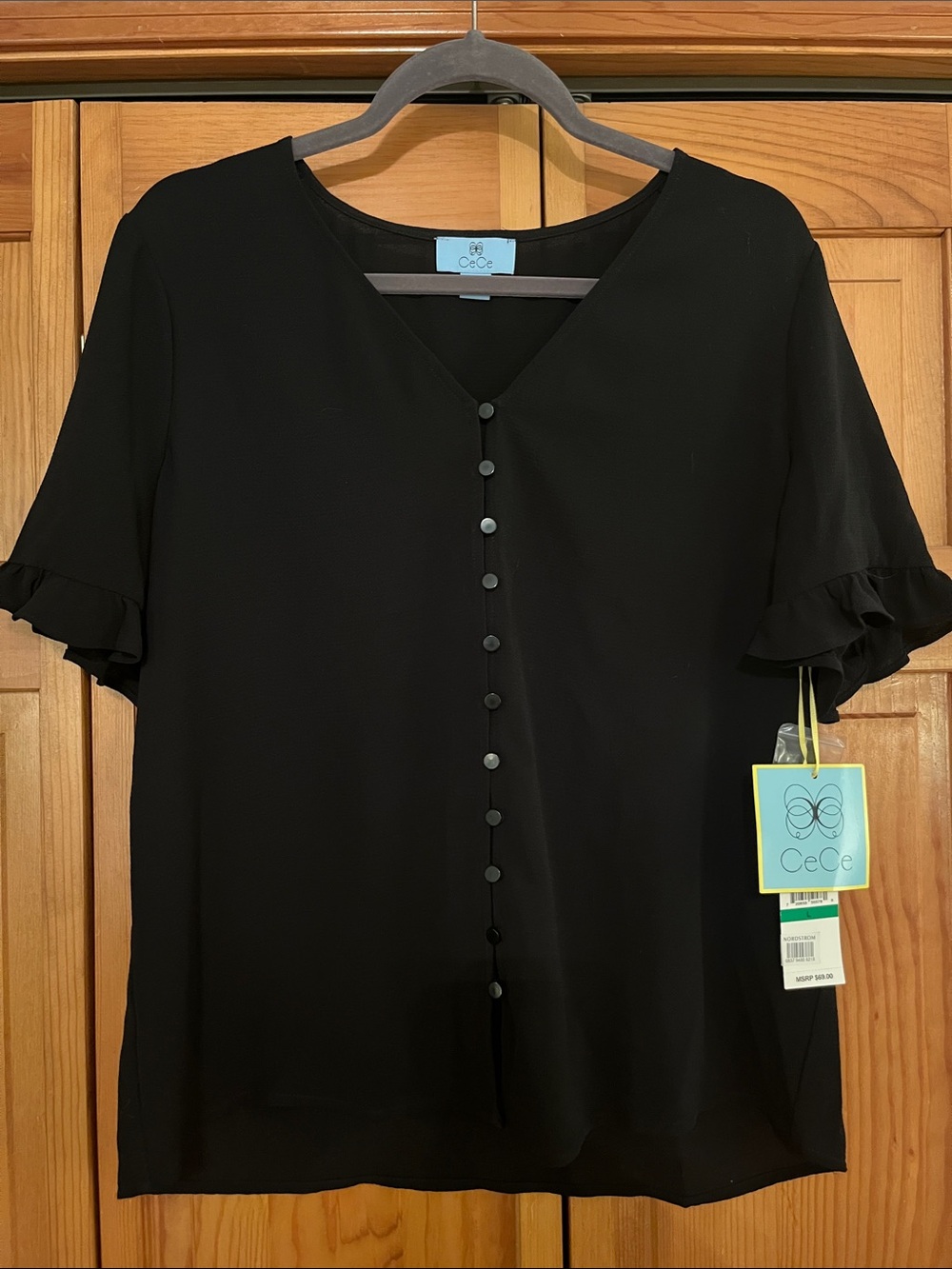 CeCe Black V-Neck Button Ruffle Sleeve Blouse